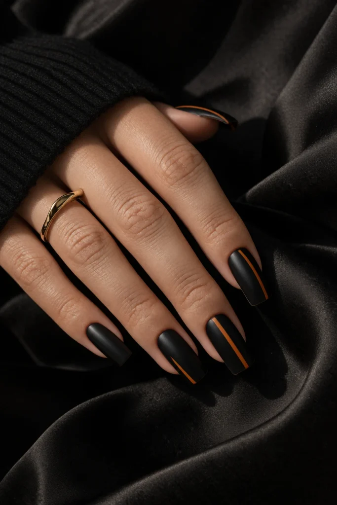 Black satin Halloween nails with orange stripe