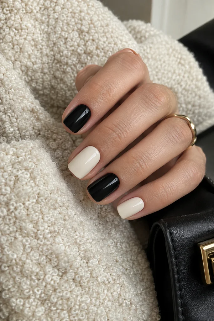 Black and cream Halloween color block nails