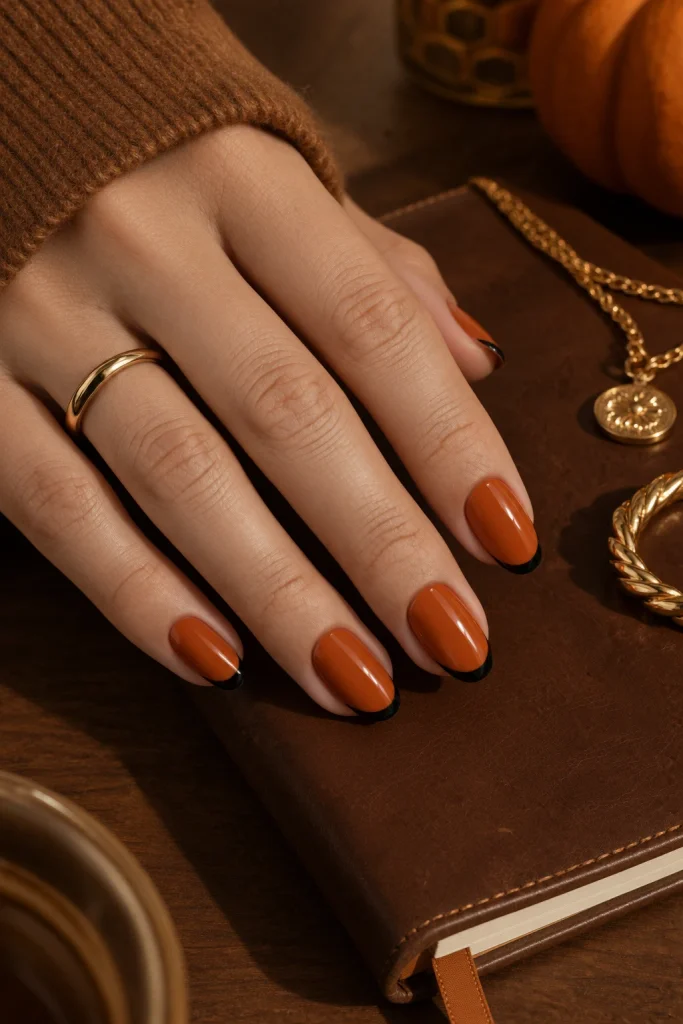 Burnt orange nails with black tips