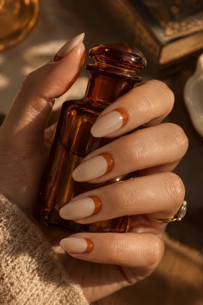 Burnt orange half-moon Halloween manicure