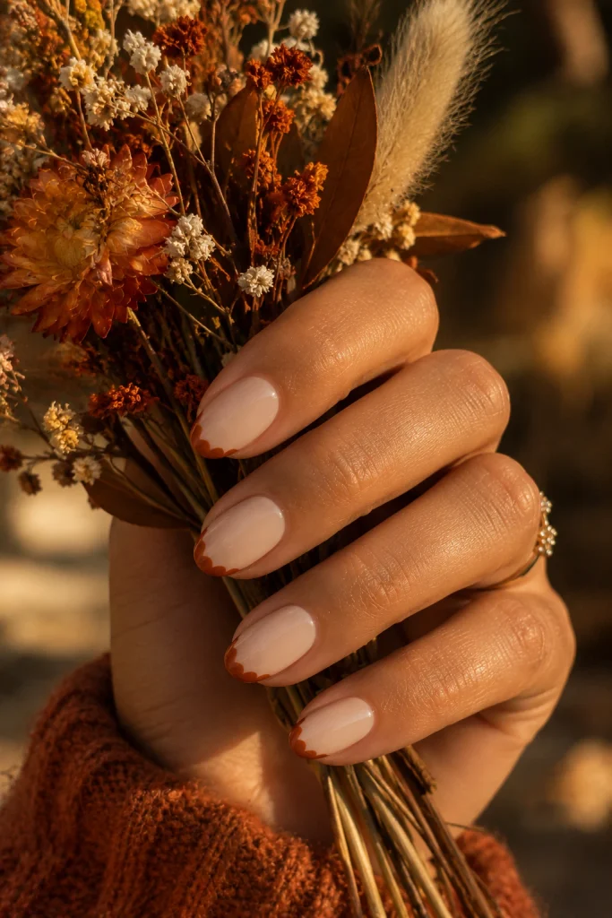 Burnt orange scalloped French Halloween nails