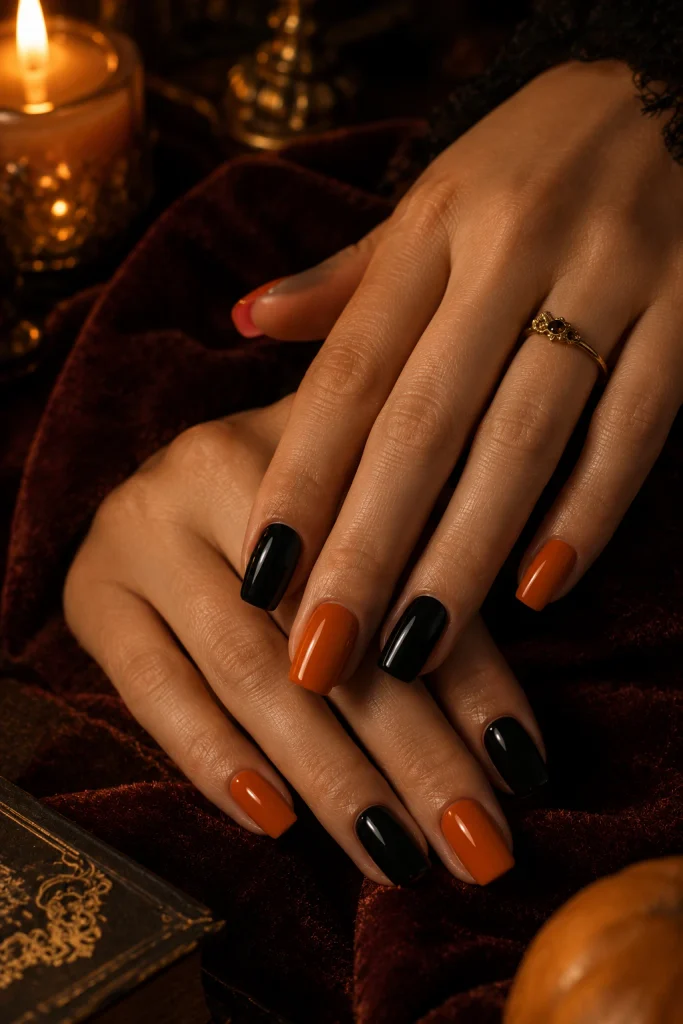 Classic black and orange Halloween nails