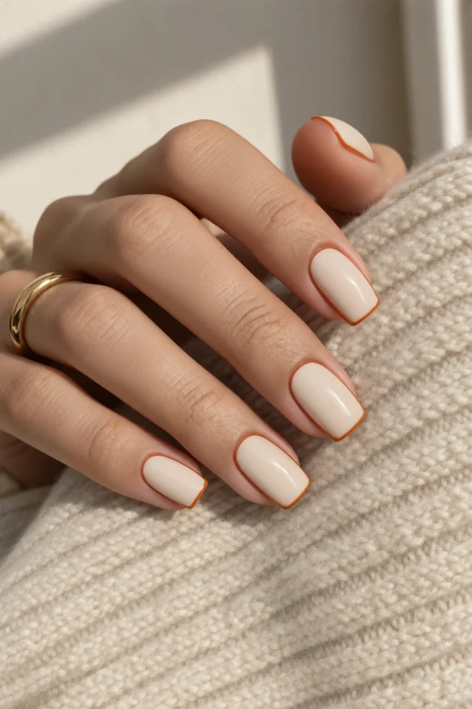Cream nails with orange border lines