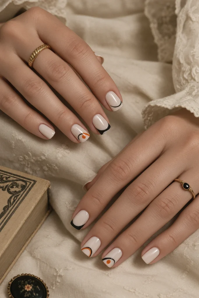 Cream and black retro Halloween nail arches
