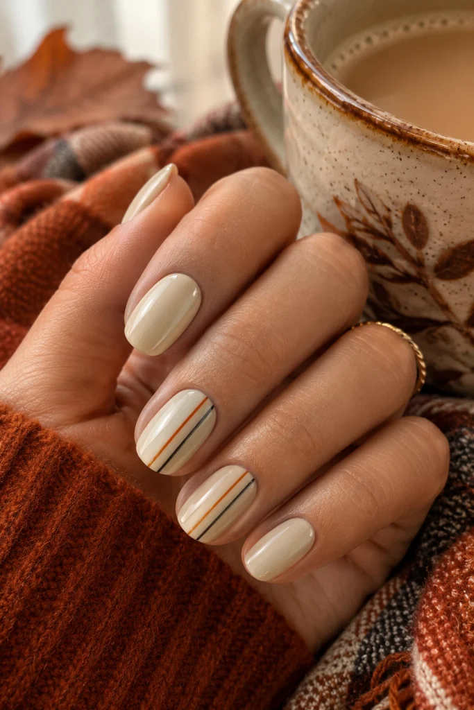 Cream and orange pinstripe Halloween nails