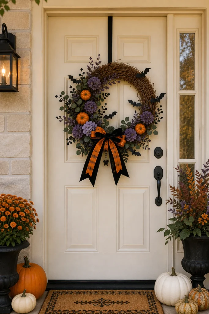 Cute Halloween wreath with orange pumpkins, purple flowers, dark foliage, black bats and a black and orange bow