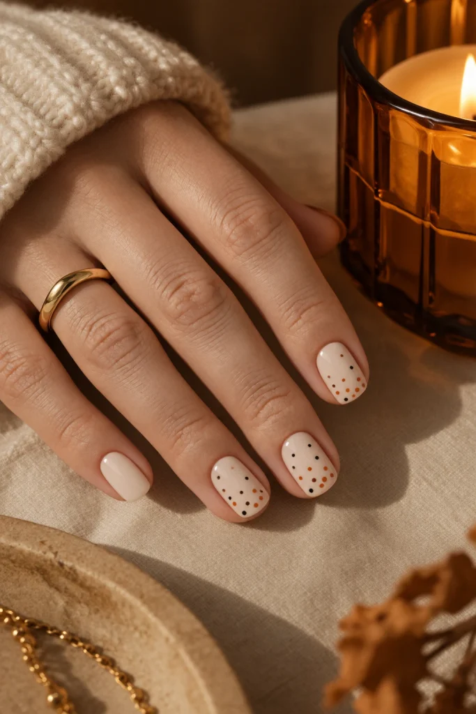 Black orange and cream dot gradient Halloween nails
