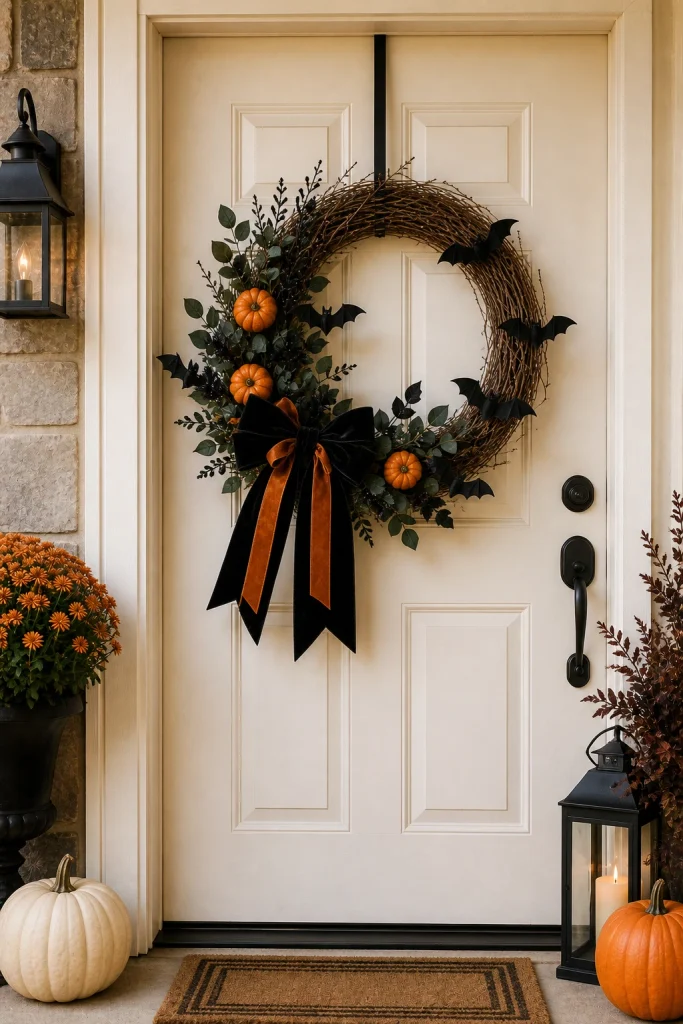 Easy Halloween wreath with orange pumpkins, dark foliage, black ribbon and bat accents on a front door