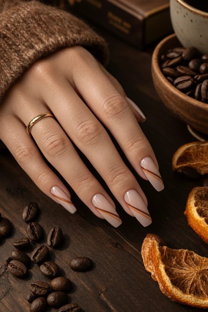 Espresso and orange Halloween micro-line nails