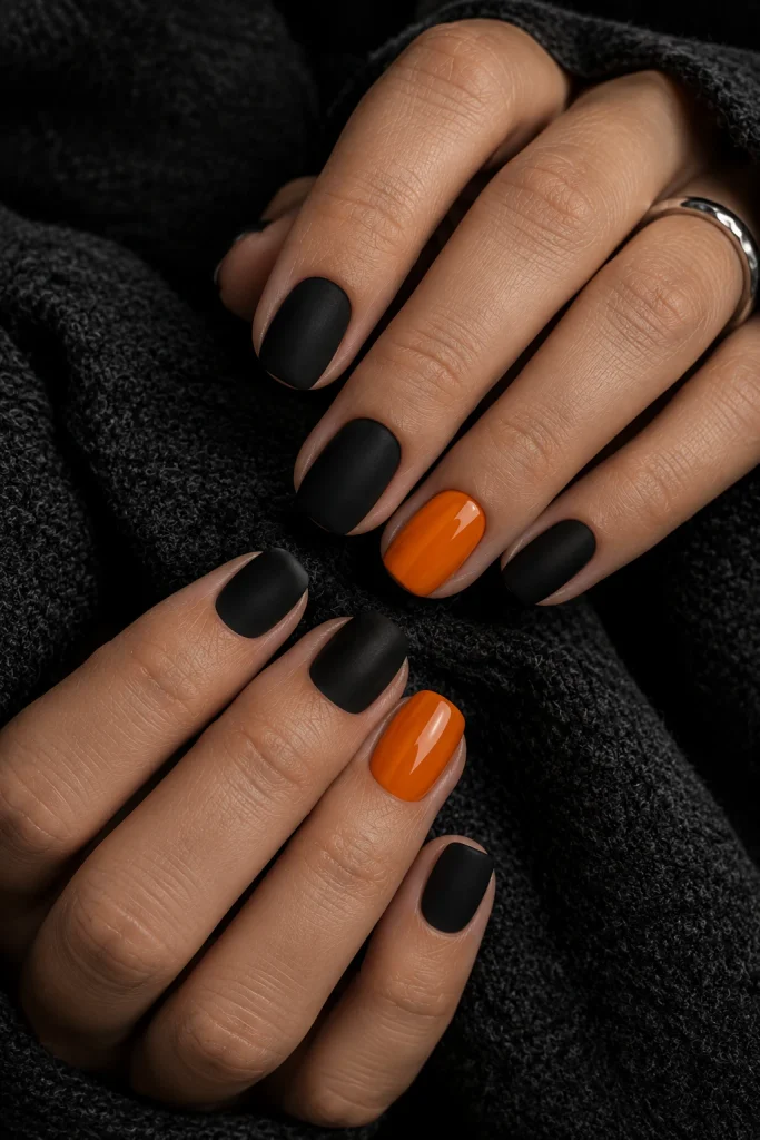 Matte black and glossy orange Halloween nails