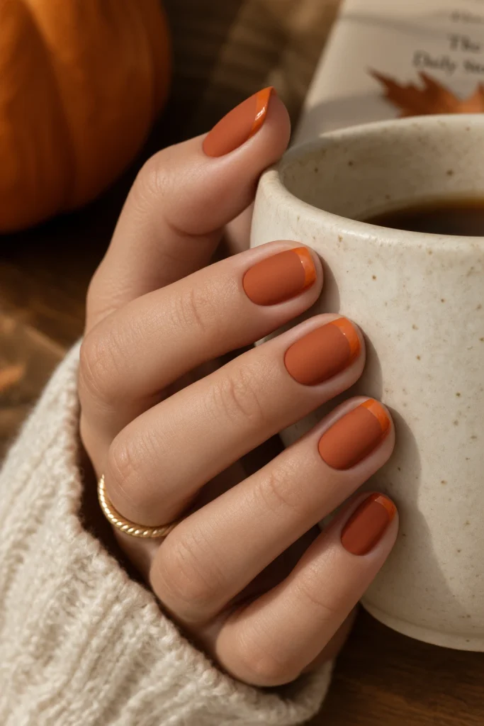 Matte orange nails with glossy tips
