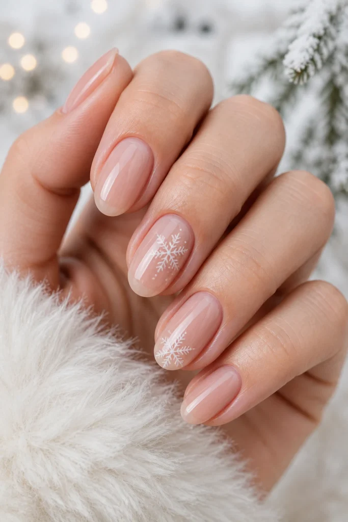 Nude Nails With Tiny Snowflakes
