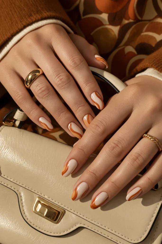 Retro orange and cream Halloween wave nails