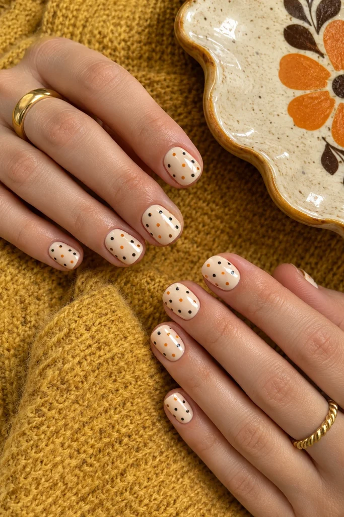 Retro black and orange polka dot Halloween nails