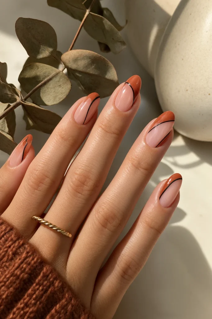 Terracotta and black negative-space Halloween nails