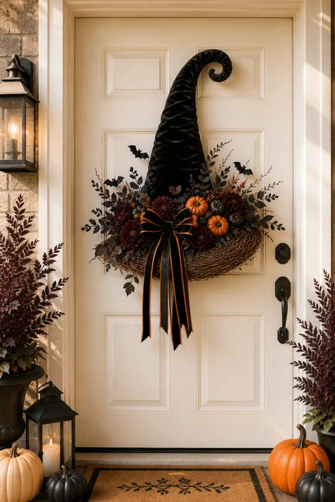 Witch hat Halloween wreath with black and purple accents, orange details and a festive bow on a front door