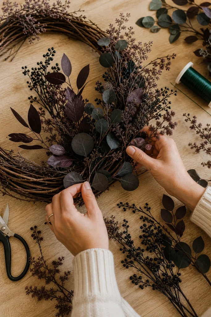 Hands adding dark eucalyptus and burgundy foliage to a grapevine Halloween wreath