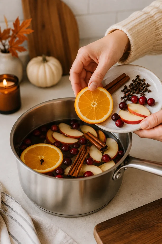 Hands adding orange, apple, cinnamon sticks, cloves and cranberries to a saucepan of water for a Halloween simmer pot