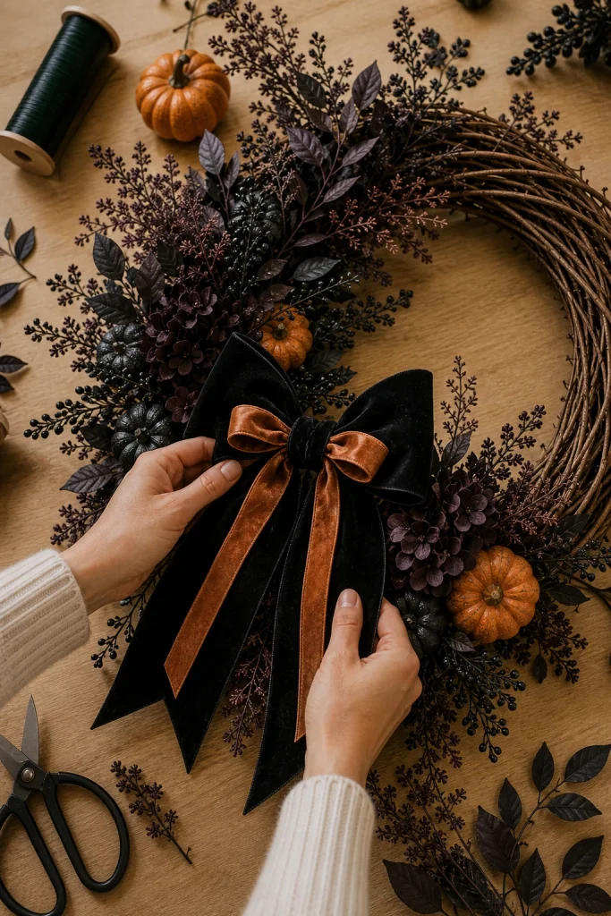 Hands attaching a black velvet and muted orange ribbon to a Halloween wreath
