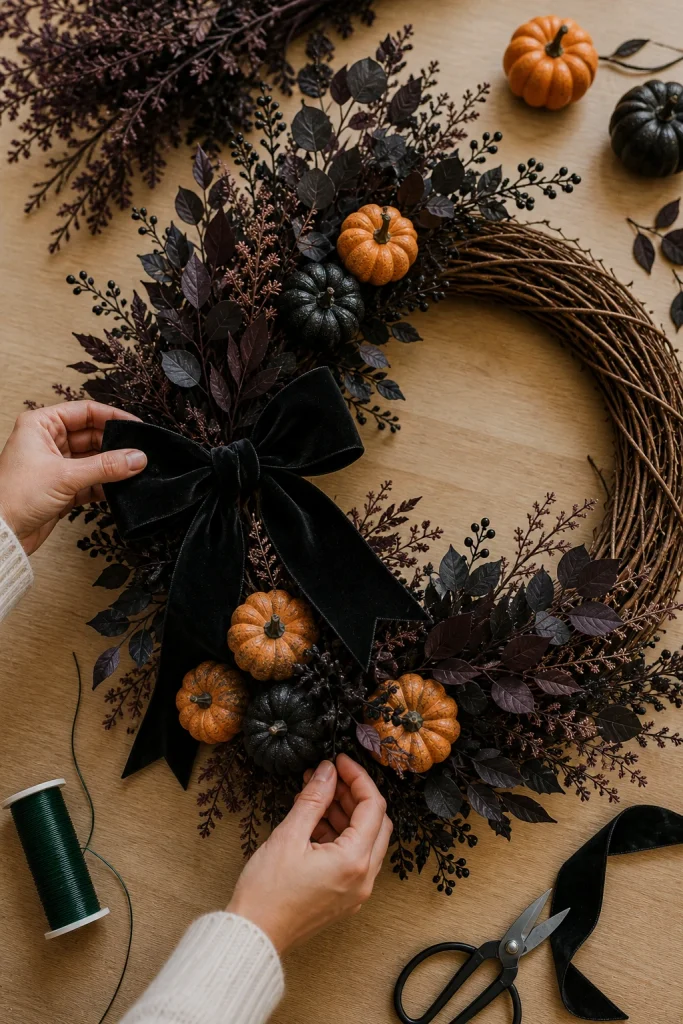 Halloween wreath with a black velvet bow, dark foliage, muted orange pumpkins and grapevine base