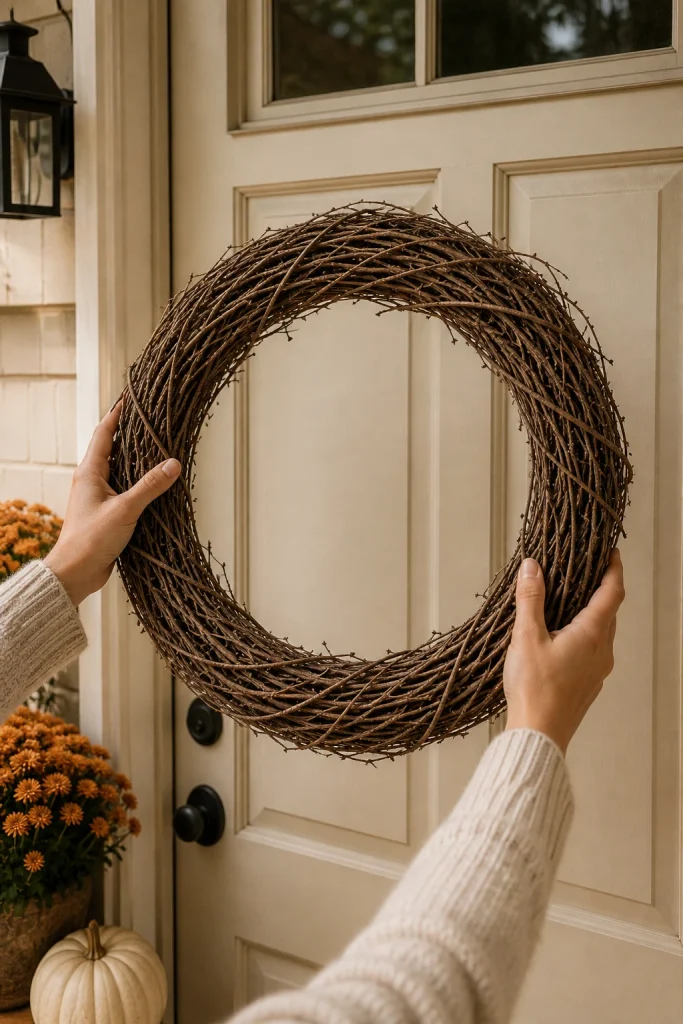 Hands holding a grapevine wreath against a front door to check the size before decorating