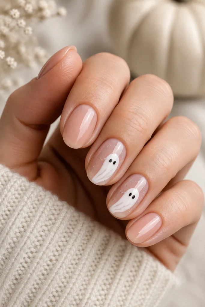 Cute ghost Halloween nail art on a nude manicure with silver details
