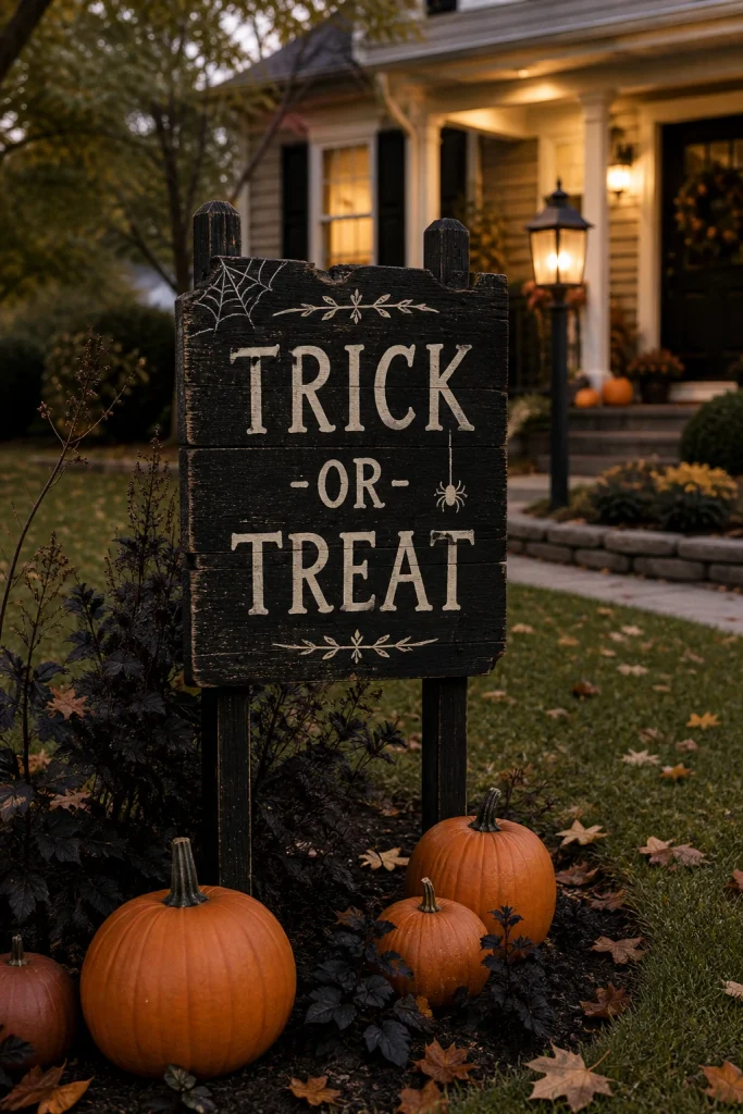 DIY Halloween wooden yard sign with cream lettering, orange pumpkins and dark foliage in a front lawn