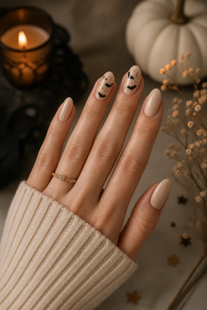 Elegant bat Halloween nail art with tiny black bats on ivory almond nails