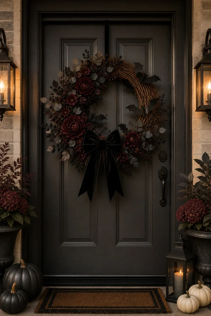 Elegant Halloween wreath with burgundy flowers, dark eucalyptus, black berries, velvet bow and matte black bats