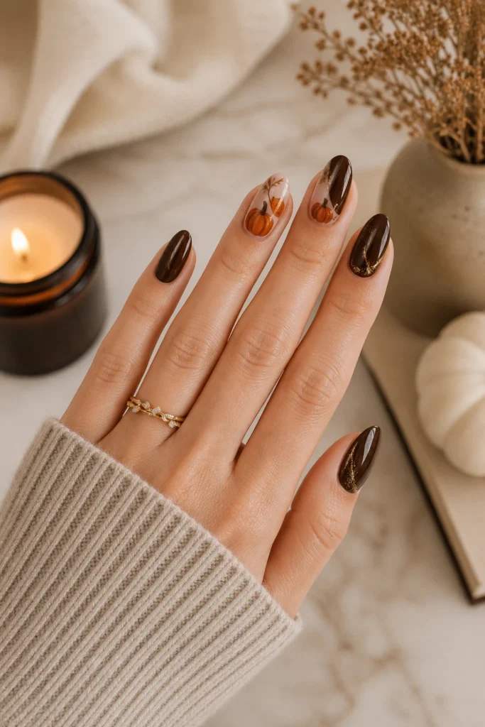 Elegant pumpkin Halloween nail art on a slim feminine hand with brown nails