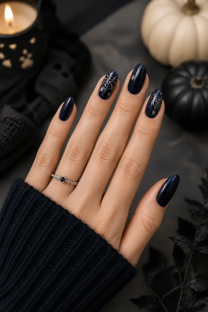 Elegant spider web Halloween nail art on a slim feminine hand with midnight blue nails