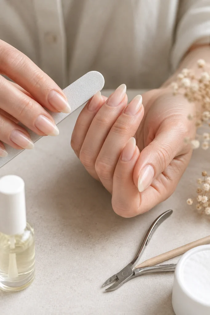 Woman shaping her nails with a nail file before applying chrome nail polish