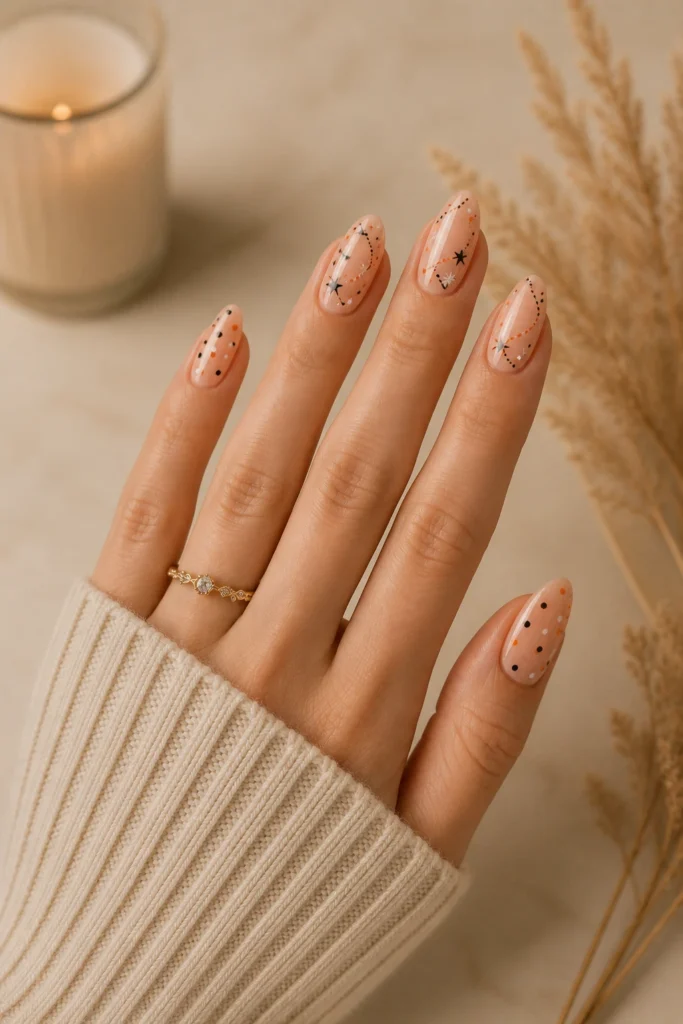 Easy Halloween dot nail art with black orange and white details on almond nails