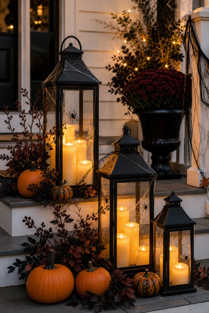 Halloween porch lantern display with warm LED candles, orange pumpkins, dark foliage and spider web accents