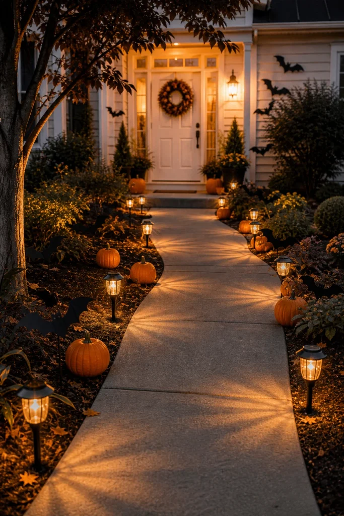Halloween front walkway with small orange pumpkins, solar pathway lights and black bat accents