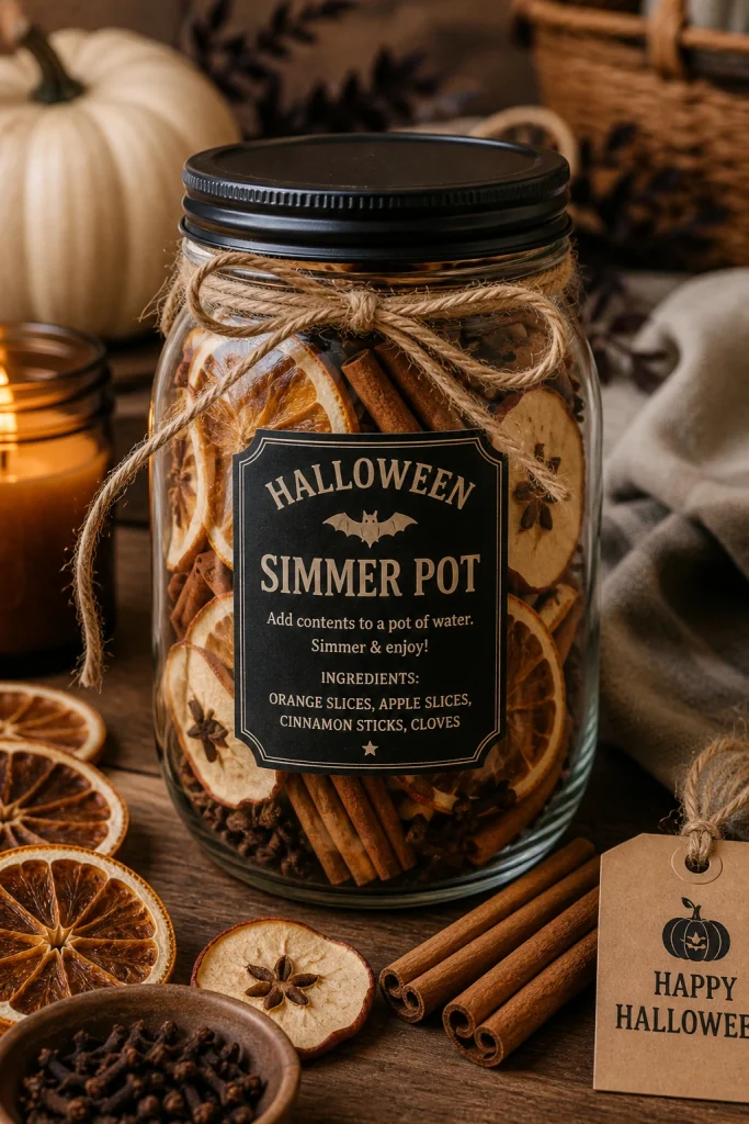 Halloween simmer pot gift jar filled with dried orange, apple, cinnamon sticks and cloves with a black and cream label