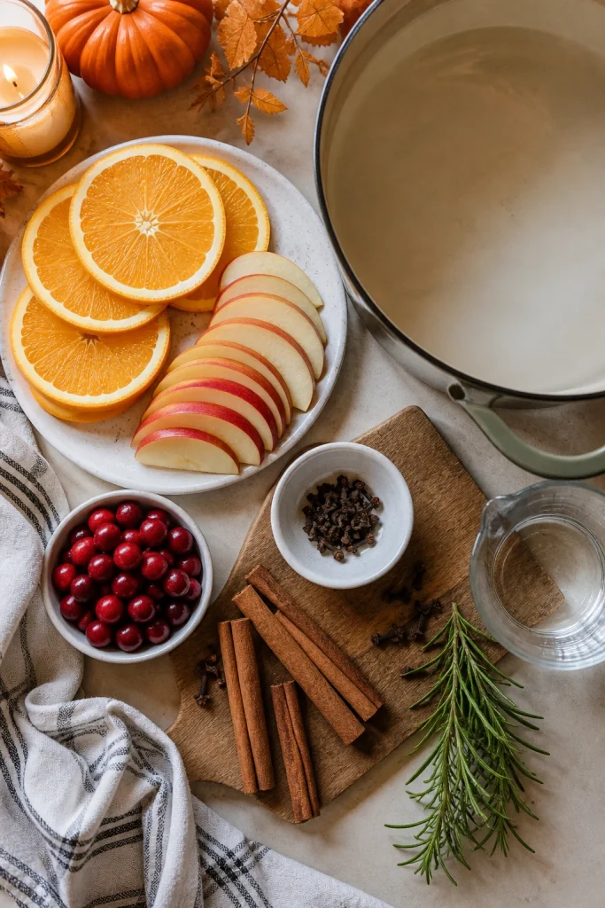 Halloween simmer pot ingredients with orange, apple, cinnamon sticks, cloves and cranberries on a kitchen counter