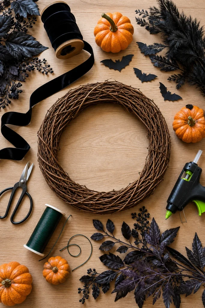 Halloween wreath supplies with grapevine wreath, black ribbon, pumpkins, foliage, bats and craft tools