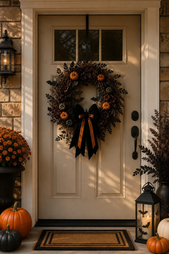 Finished handmade Halloween wreath hanging on a front door with black velvet bow, dark foliage and small orange pumpkins