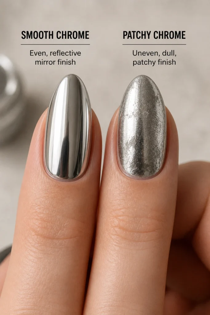 Comparison of smooth reflective chrome and patchy dull chrome nails