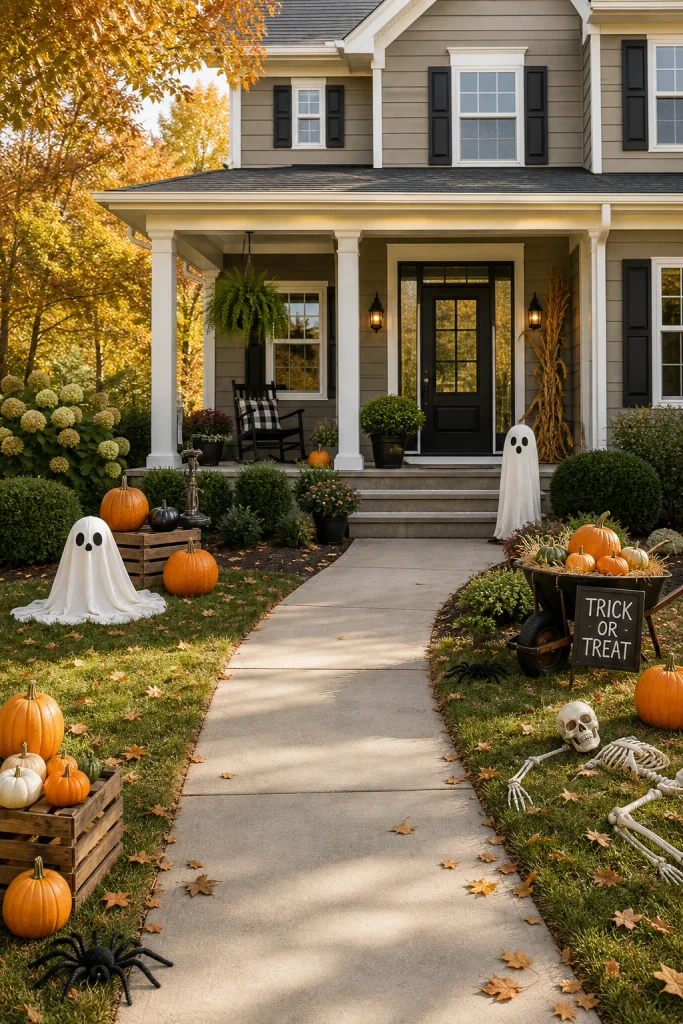 Front yard being planned for Halloween with pumpkins and DIY decorations around a clear walkway