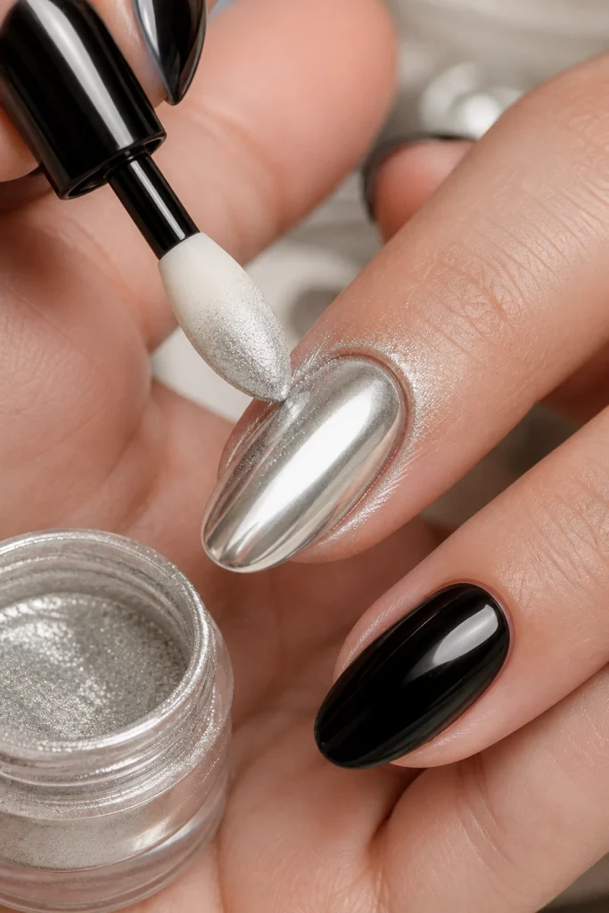 Applying silver chrome powder to a glossy nail with an applicator