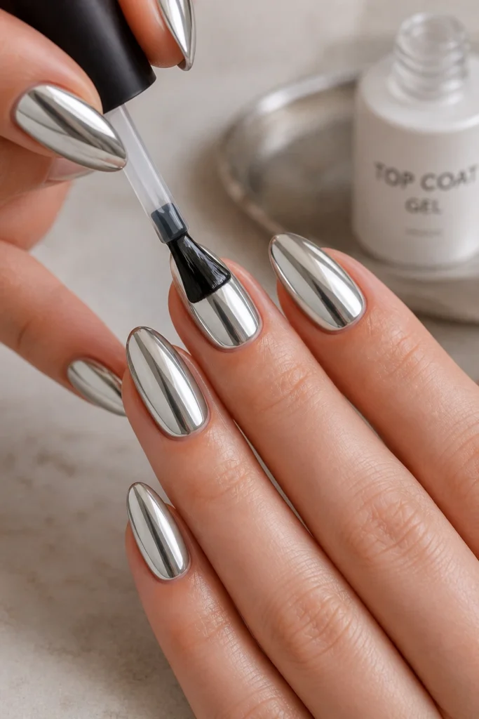 Applying clear top coat over reflective silver chrome nails