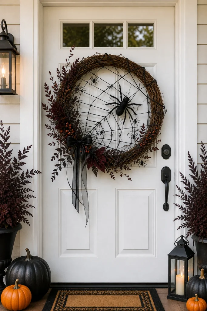 Spider web Halloween wreath with a large black spider, burgundy flowers and orange berries on a white front door