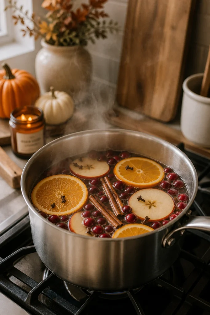Halloween simmer pot gently steaming on a kitchen stove with orange, apple, cinnamon, cloves and cranberries