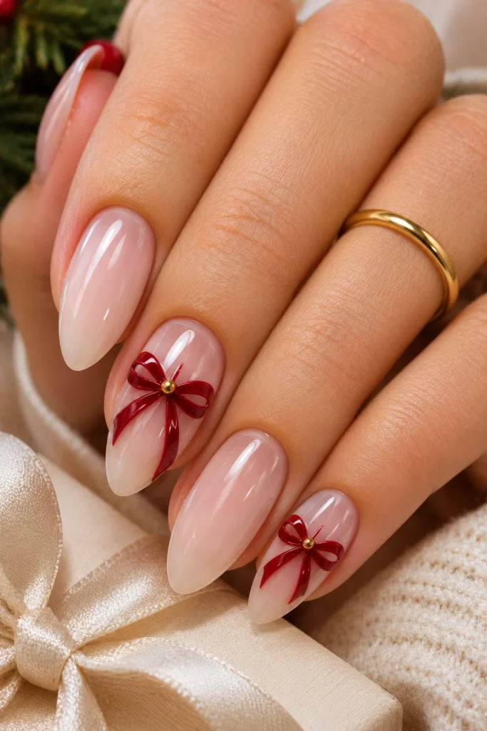 Milky pink almond Christmas nails with raised cherry-red 3D bows.