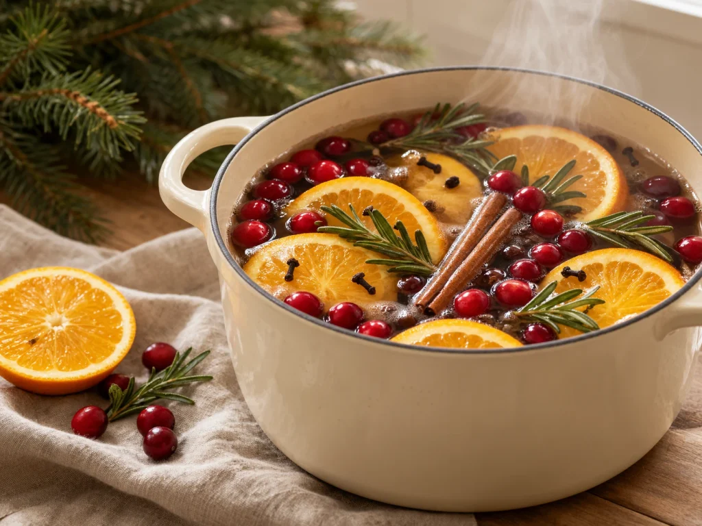 Alt text: Cranberry orange Christmas simmer pot with cinnamon sticks and fresh rosemary.