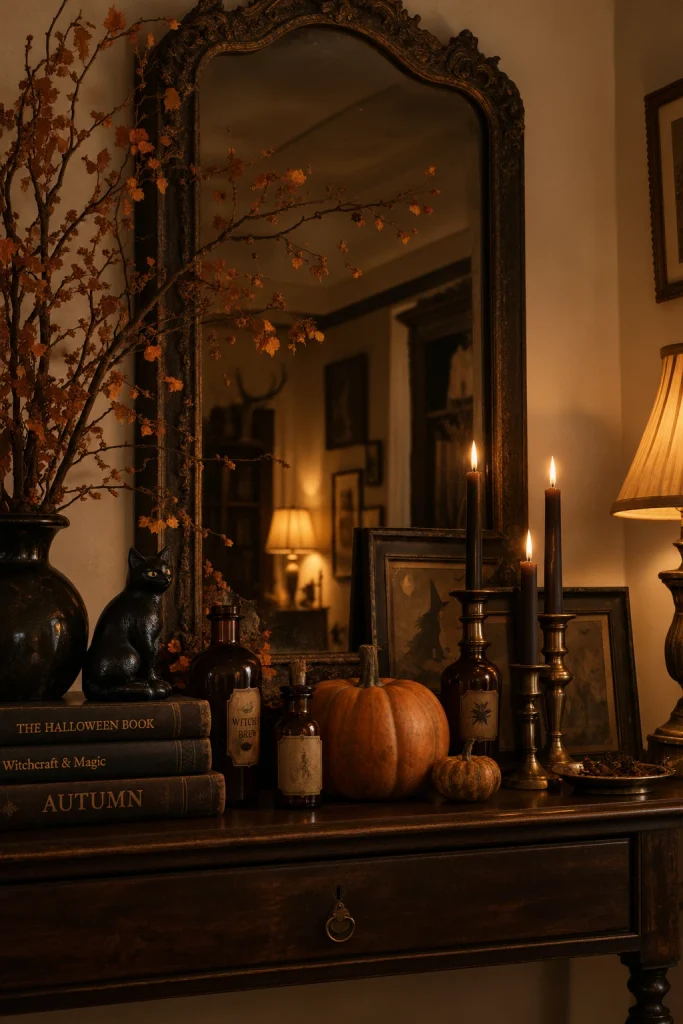 Antique-style mirror used with vintage Halloween decorations
