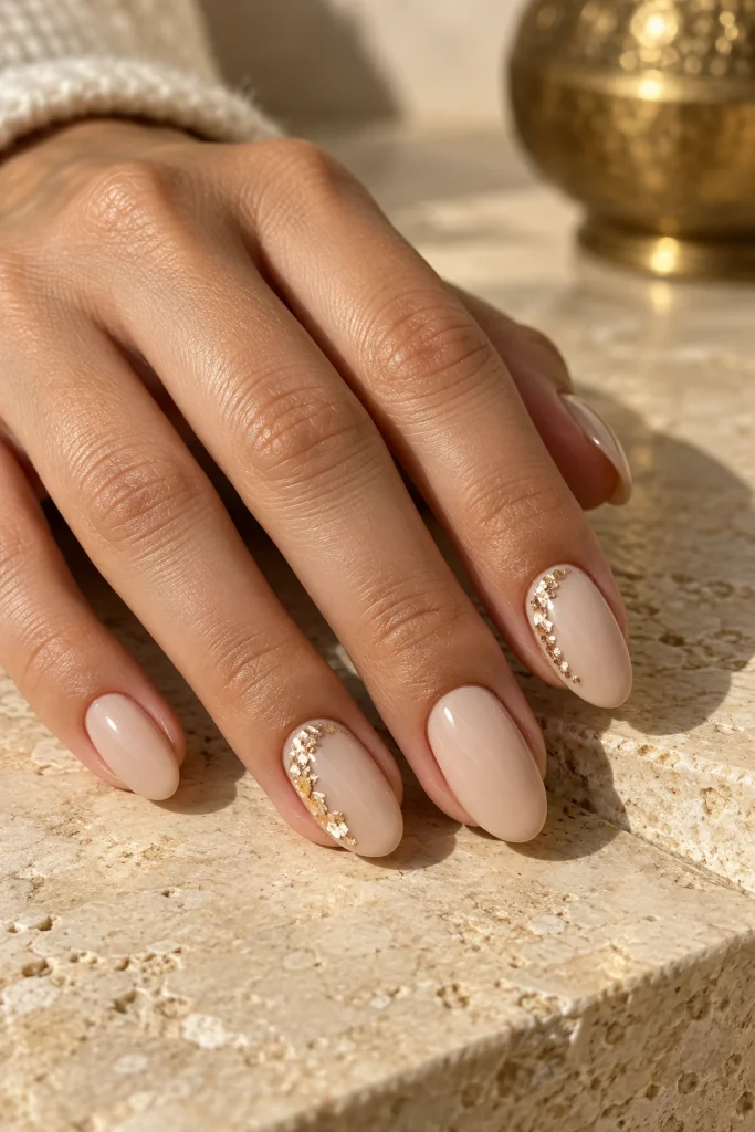 Beige Nude Nails With a Delicate Gold Foil Crescent