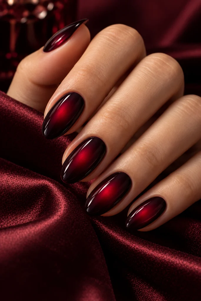 Black cherry aura nails with a diffused cherry-red glow at the center of each nail.